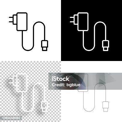 istock Mobile phone charger. Icon for design. Blank, white and black backgrounds - Line icon 1385658082