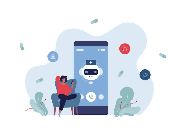 Healthcare, doctor chatbot and using AI technology concept. Vector flat people illustration. Female patient sitting in chair with smart phone in hand. Chat bot character on smartphone screen. vector art illustration