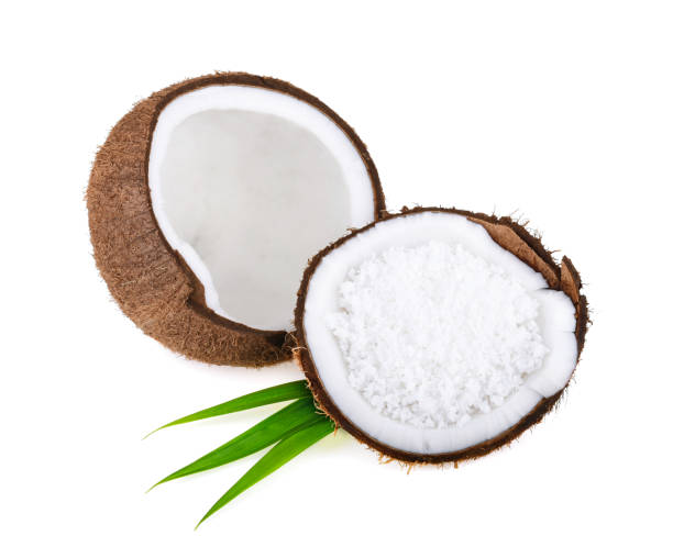 istock Coconut half isolated. Cocos white. Coconut with pandan leaves isolate on white background 1385658256