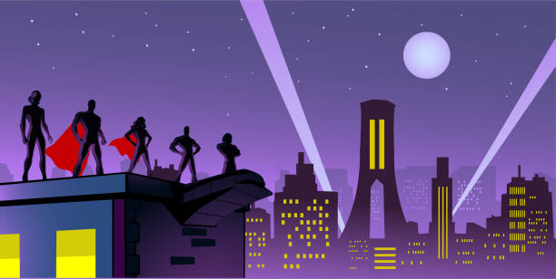 Superhero Team Silhouette on the Roof in a City at Night Stock Illustration vector art illustration