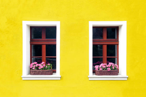 istock Windows with flower box. Italian architecture background. Vibrant color yellow wall facade. 1385658509