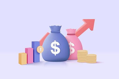3D money bags and coin stack saving in background. Money bags growing business concept for finance, investment, online payment and payment. 3d money earning vector isolated on pastel background