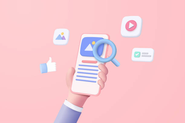 istock 3D vector hand holding mobile phone with social icon on pink background, Searching image and video files in database concept, document management. showcase 3d minimal magnifying with device smartphone 1385658798