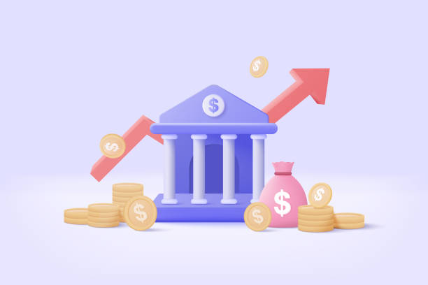 bildbanksillustrationer, clip art samt tecknat material och ikoner med 3d minimal bank deposit and withdrawal, transactions money service, banking financial concept. bank building with coin icon style on graph investment. 3d bank vector on isolate white background - bank