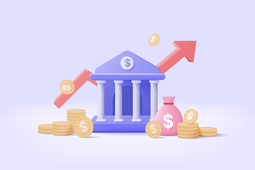 3d minimal bank deposit and withdrawal, transactions money service, banking financial concept. bank building with coin icon style on graph investment. 3d bank vector on isolate white background