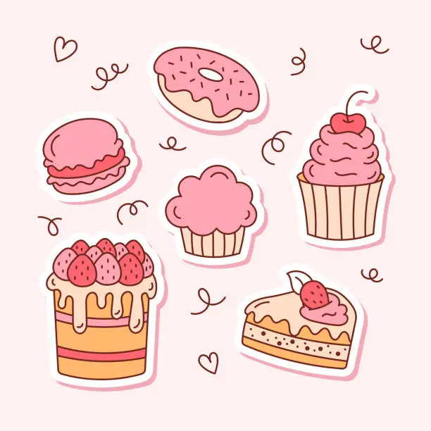 Vector illustration of A set of doodle baking stickers. Isolated sticker pack, badges, patches.