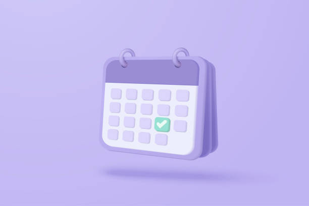 stockillustraties, clipart, cartoons en iconen met 3d calendar marked date for important day in purple background. calendar with mark for schedule appointment, event day, holiday planning concept 3d vector isolated pastel background - kalenders