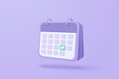 3d calendar marked date for important day in purple background. Calendar with mark for schedule appointment, event day, holiday planning concept 3d vector isolated pastel background