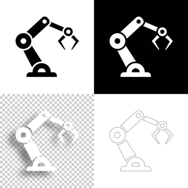 Robotic arm. Icon for design. Blank, white and black backgrounds - Line icon Icon of "Robotic arm" for your own design. Four icons with editable stroke included in the bundle: - One black icon on a white background. - One blank icon on a black background. - One white icon with shadow on a blank background (for easy change background or texture). - One line icon with only a thin black outline (in a line art style). The layers are named to facilitate your customization. Vector Illustration (EPS10, well layered and grouped). Easy to edit, manipulate, resize or colorize. Vector and Jpeg file of different sizes. robot icons stock illustrations