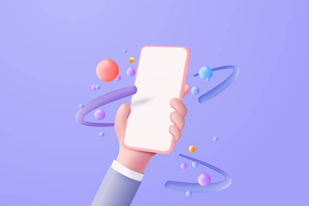 3d vector hand holding telefon komórkowy izolowany na fioletowym tle, hand using smartphone with empty screen for makiety mobilnej fioletowej koncepcji. zaprezentuj minimalną scenę 3d za pomocą smartfona z urządzeniem - blue interface icons three dimensional shape digitally generated image stock illustrations