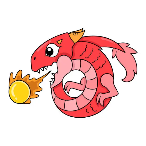 Vector illustration of red dragon is spitting fireball, doodle icon image kawaii