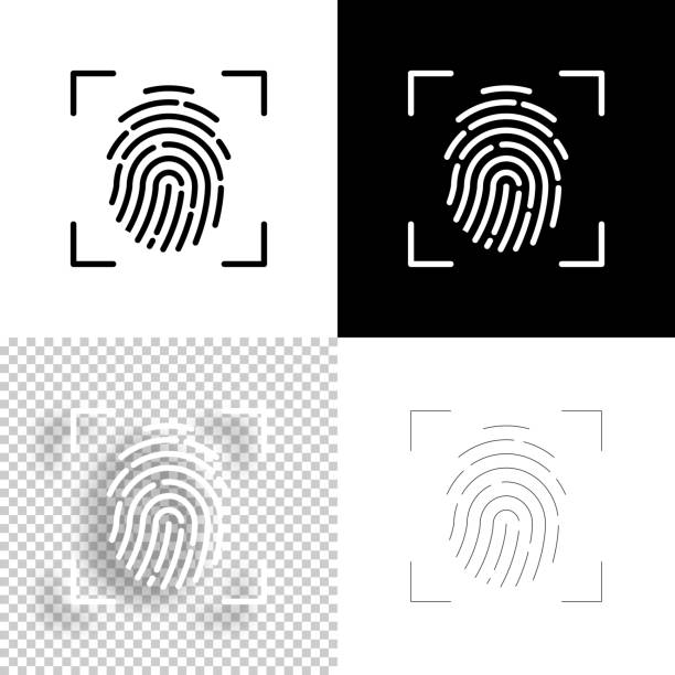 ilustraciones, imágenes clip art, dibujos animados e iconos de stock de escáner de huellas dactilares. icono para el diseño. fondos en blanco, blancos y negros - icono de línea - fingerprint identity id card biometrics