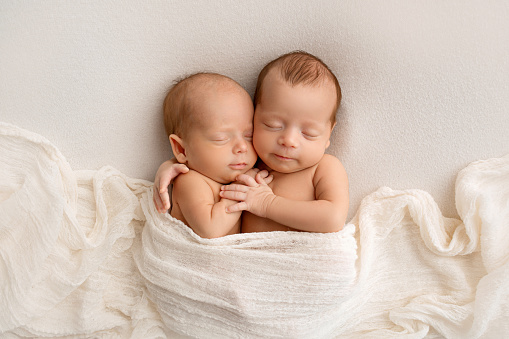Tiny newborn twins boys in white cocoons on a white background. A newborn twin sleeps next to his brother. Newborn two twins boys hugging each other. Professional studio photography.