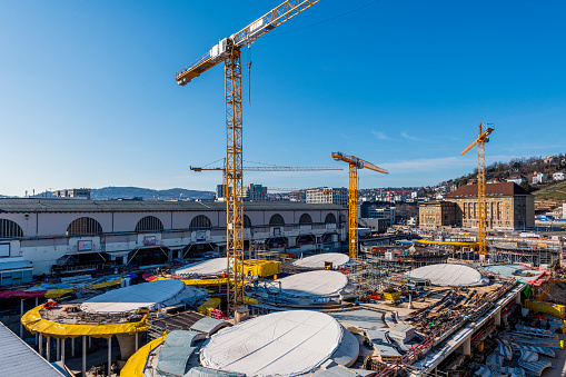 View to the construction site called Stuttgart 21. On right side is the tower of the old Central Station. Stuttgart 21 is one of the most controversial and biggest construction sites in Europe.