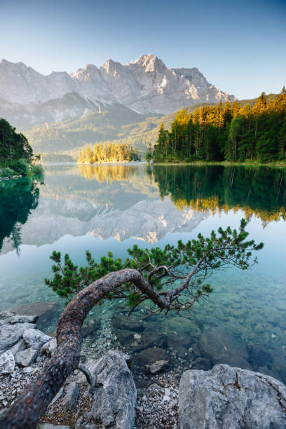 A look at the famous lake Eibsee in sunligth. Wonderful day gorgeous scene. Location resort Garmisch-Partenkirchen Bavarian alp, sightseeing Europe. Best place on earth. Explore the world's beauty.