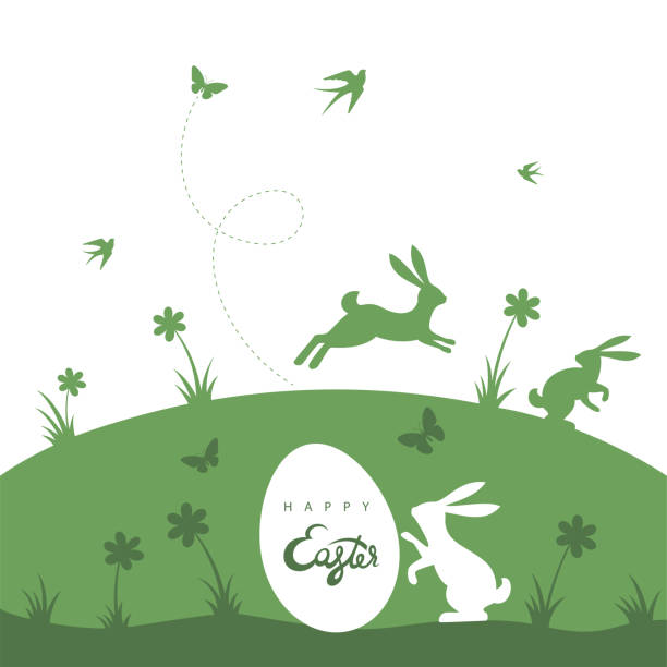 illustrazioni stock, clip art, cartoni animati e icone di tendenza di caccia alle uova di pasqua. biglietto coniglietto pasquale. - easter rabbit easter bunny easter egg