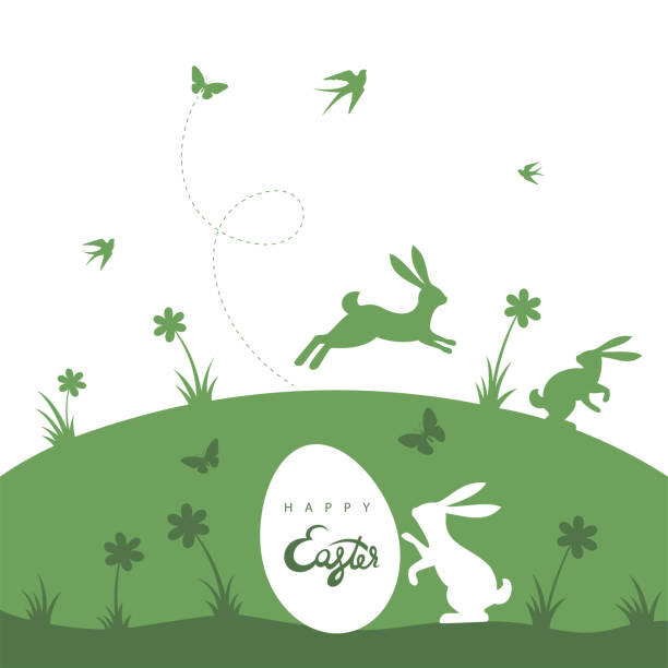 イースターエッグハント。イースターバニーカード。 - easter or easter bunny or easter egg or easter basket not business not silhouette illustrations点のイラスト素材／クリップアート素材／マンガ素材／アイコン素材