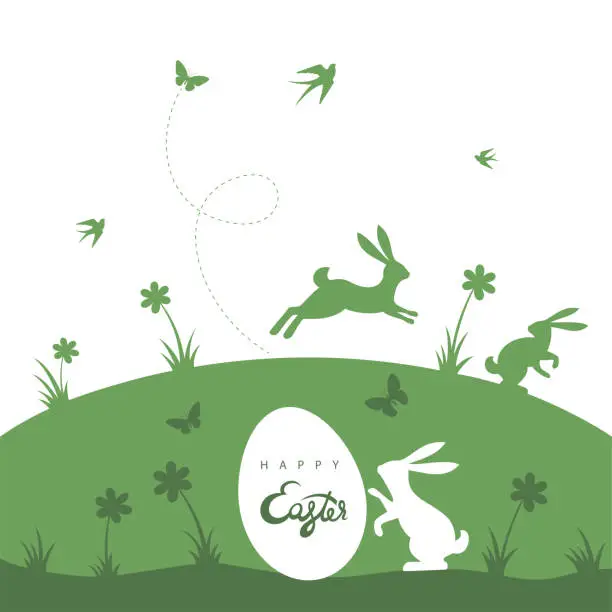 Vector illustration of Easter egg hunt. Easter bunny card.