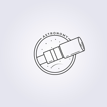 line art telescope logo in circle badge, sky and stars vector illustration design