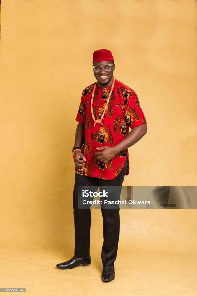 Igbo Traditionally Dressed Business Man Standing Smiling Red Stock Photo