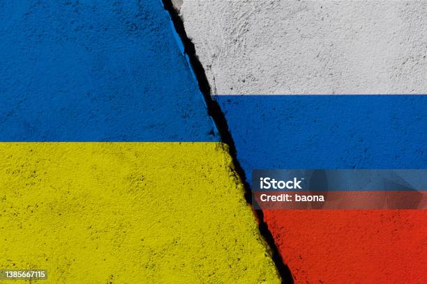Russian And Ukrainian Flags On Broken Cracked Wall Stock Photo - Download Image Now - Russian Flag, Economy, China - East Asia