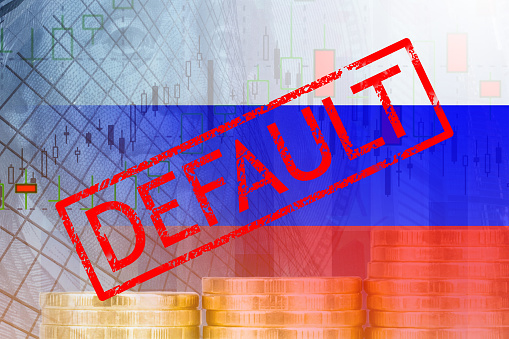 default in Russia, Russian financial crisis due to sanctions, inability to pay international debt in foreign currency on obligations, economic decline, monetary collapse of ruble payments