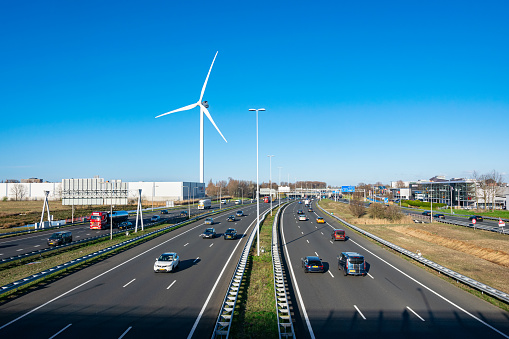 The Hague, Netherlands - March 2022: View of highway A4 between the cities of The Hague and Amsterdam, one of the busiest roads in the Netherlands.