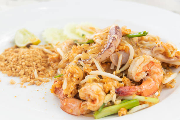 Close up of Stir Fried Noodle with Prawns and Squid, Pad Thai