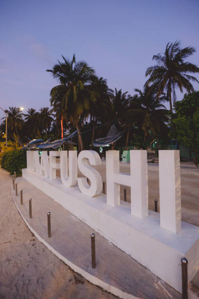 istock White Stone Letters for Maafushi Island Designation with Nice Palm Trees during the Sunset Time 1385682837