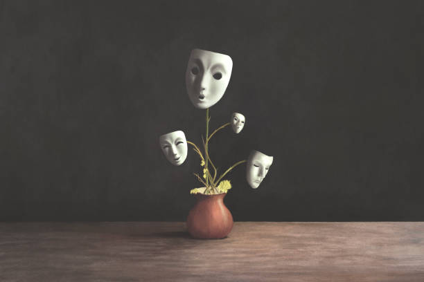ilustrações de stock, clip art, desenhos animados e ícones de illustration of plant that grows blossoming in surreal theatrical masks, surreal abstract concept - hypocrisy