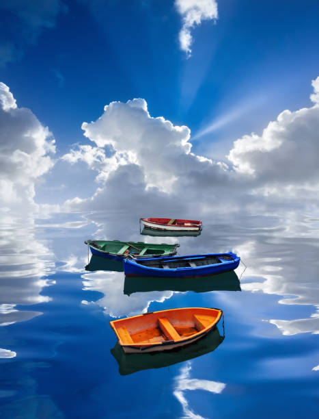 fantasy seascape with boats and water reflections