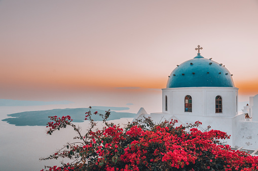 Famous and  iconic typical traditional blue dome church and colorful bougainvillaea flowers at beautiful sunset in Greek Santorini Island, Greece Oia village,  Greece