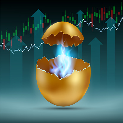 Blue flame of natural gas inside a golden egg. Energy crisis. Against the backdrop of rising prices and financial graph. vector illustration.