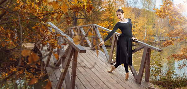 Modern ballet dancer on the wooden bridge in the autumn park. Freedom, harmony and unity with nature.