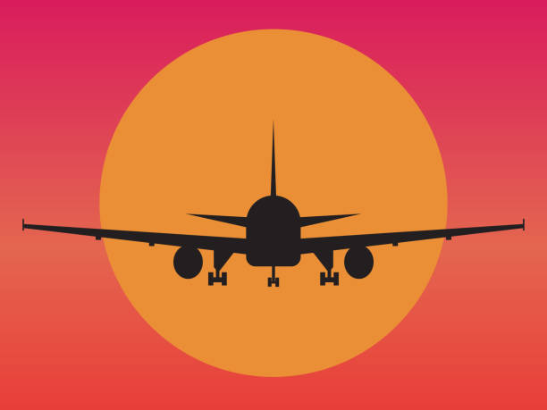 silhouette of aeroplane in sky silhouette of aeroplane in sky in evening airport sunrise stock illustrations