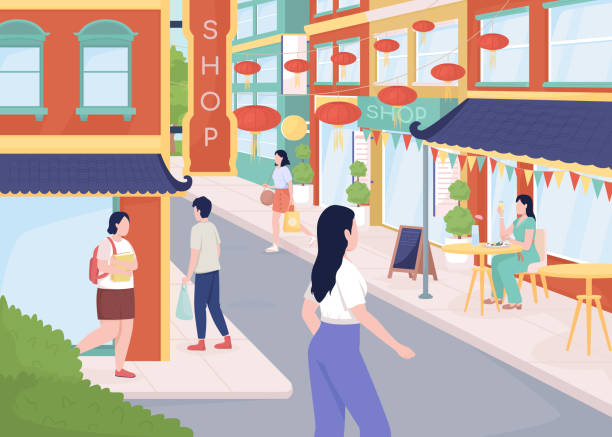 Busy street in Chinatown flat color vector illustration Busy street in Chinatown lat color vector illustration. Chinese community. People visiting restaurants and shops 2D simple cartoon characters with cityscape on background. Comfortaa font used downtown district illustrations stock illustrations