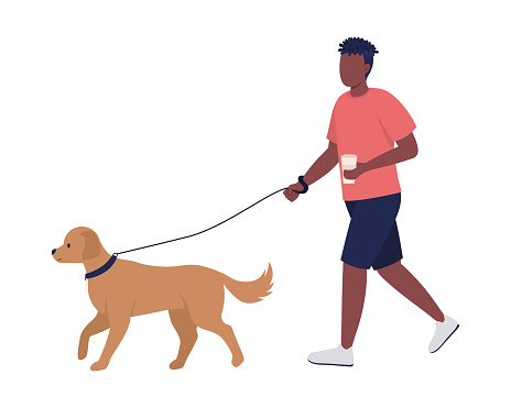 Man walking dog on street semi flat color vector characters. Walking figures. Full body person on white. Guy with cup of coffee simple cartoon style illustration for web graphic design and animation