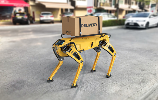 A robot dog is on the way to deliver goods. 3D illustration