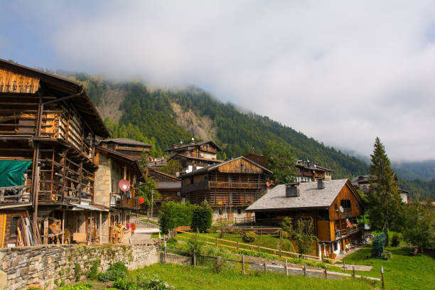 Traditional wooden buildings in the Alpine village of Sauris di Sopra, Udine Province, Friuli-Venezia Giulia, north east Italy