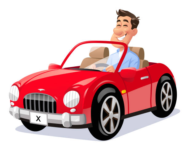 ilustrações de stock, clip art, desenhos animados e ícones de man driving a red car - car driving men people