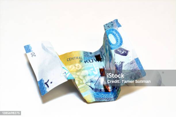 Crumpled Kuwaiti Money Of 20 Kwd Twenty Kuwaiti Dinars Bill Banknote Isolated On White Background Wrinkled Dinar Cash Bill Banknote Stock Photo - Download Image Now