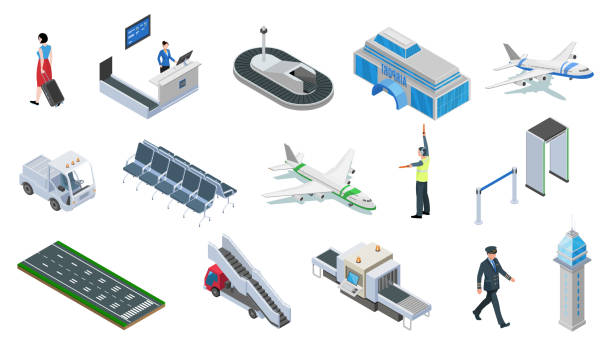 Collection airport isometric icons vector illustration travel terminal. Airline business tourism Collection airport isometric icons vector illustration. Set travel terminal, passenger luggage, check in counter, plane, lounge waiting room, baggage belt, runway, aircraft. Airline business tourism air traffic control operator stock illustrations