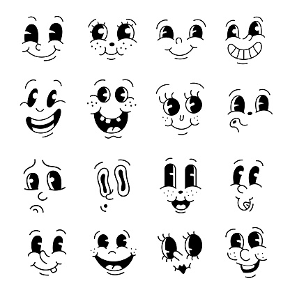 Vintage cartoon faces monochrome collection vector flat illustration. Retro funny characters comic smile eyes and mouths elements isolated. Old fashioned mascot smiley creatures happy sad emotions