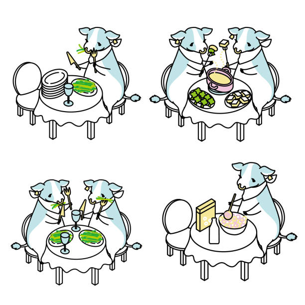 A set of isometric illustrations of a cow eating It is a set of isometric illustrations of cows eating. cheese fondue stock illustrations