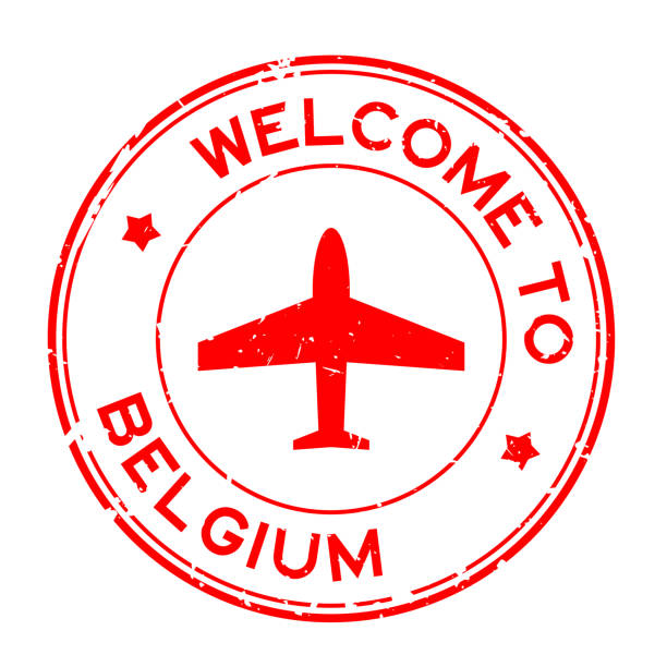 grunge rote begrüßung in belgien wort mit flugzeugsymbol runder gummisiegelstempel auf weißem hintergrund - jet rockband stock-grafiken, -clipart, -cartoons und -symbole