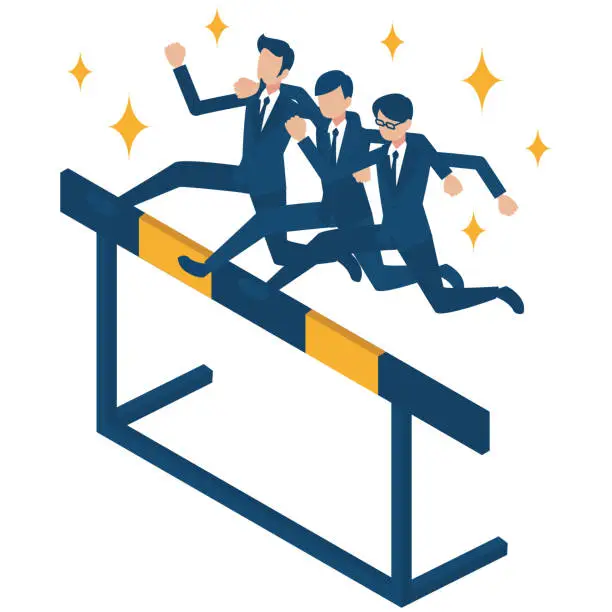 Vector illustration of Isometric illustrations of businessmen who emphasize teamwork and cross their shoulders to challenge difficulties and hurdles and jump over