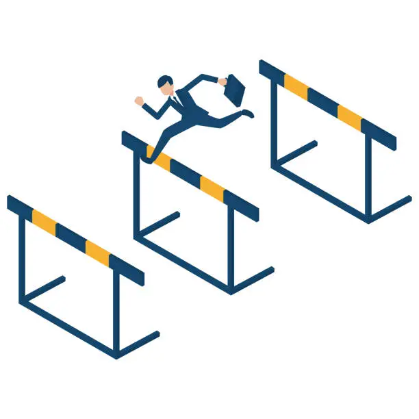 Vector illustration of Isometric illustration of a businessman who jumps over many difficulties and hurdles