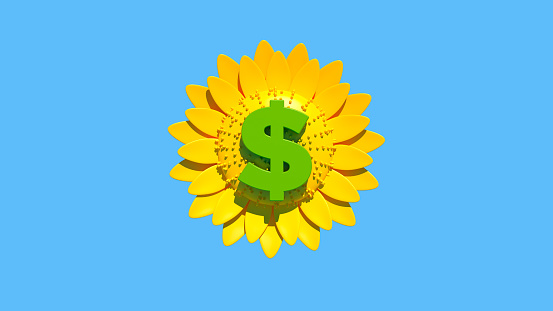 Green-colored dollar symbol and sunflower on the light blue-colored background. Horizontal composition with copy space. Isolated with clipping path.