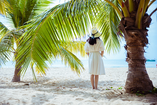 Young women standing  under a coconut tree by the sea