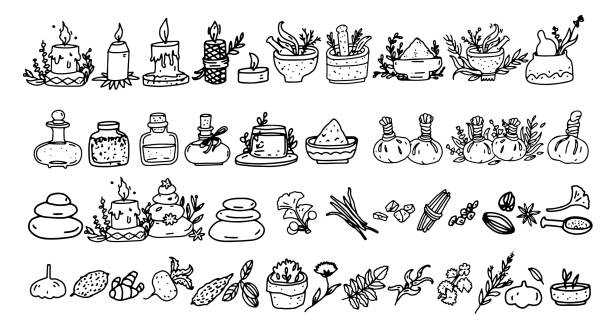 icon item set ayurveda wellness, spa, mit ölflaschen, zutaten, wasserschale, ölbehandlung. handgezeichnetes doodle - lastone therapy illustrations stock-grafiken, -clipart, -cartoons und -symbole